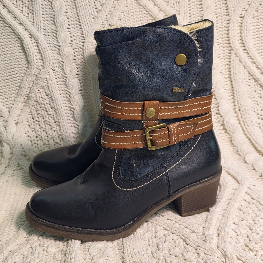 Spring Step Western Ankle Boots Navy Blue Faux Fur Lined Women 38 7 Excellent